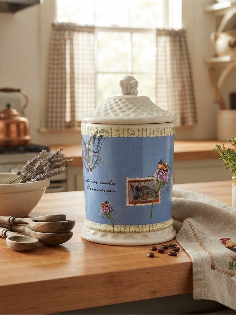 Hallmark Small Pleasures ceramic canister jar, w/a butterfly and postcard design